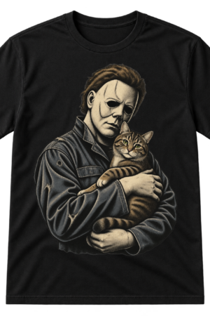Distressed vintage illustration of a masked horror figure holding a tabby cat.