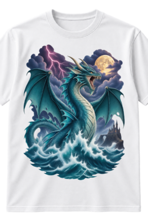 Fantasy print of a roaring winged sea dragon rising from waves amid lightning, a full moon, and a distant castle.