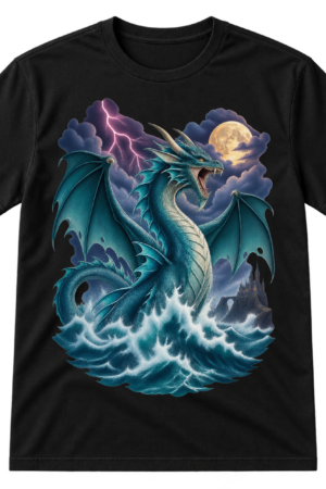 Fantasy print of a roaring winged sea dragon rising from waves amid lightning, a full moon, and a distant castle.