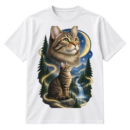 Mystical tabby cat tribute illustration with a large cat portrait, a seated moon-gazing cat, stars, evergreens, waterfalls, and celestial energy.