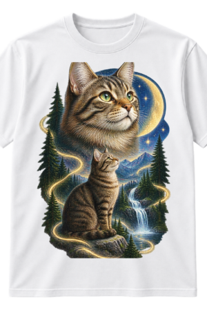 Mystical tabby cat tribute illustration with a large cat portrait, a seated moon-gazing cat, stars, evergreens, waterfalls, and celestial energy.