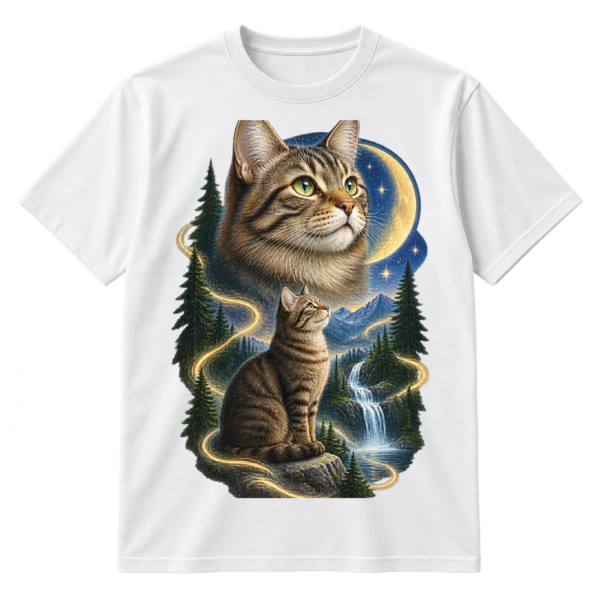 Mystical tabby cat tribute illustration with a large cat portrait, a seated moon-gazing cat, stars, evergreens, waterfalls, and celestial energy.