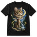 Mystical tabby cat tribute illustration with a large cat portrait, a seated moon-gazing cat, stars, evergreens, waterfalls, and celestial energy.