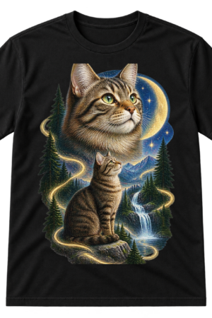 Mystical tabby cat tribute illustration with a large cat portrait, a seated moon-gazing cat, stars, evergreens, waterfalls, and celestial energy.