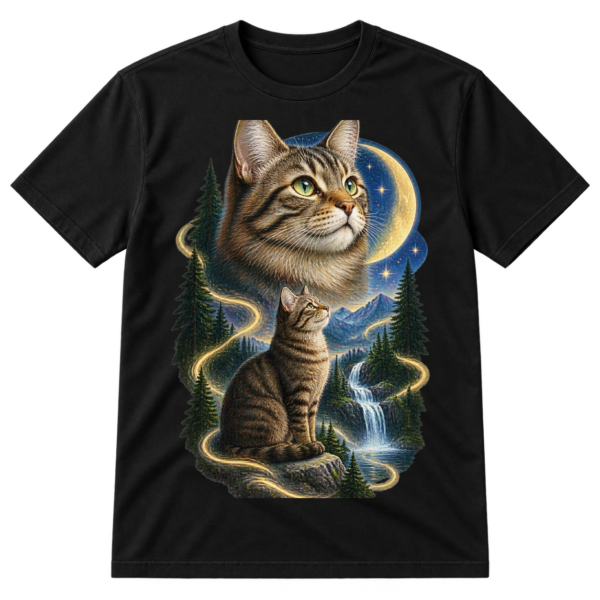 Mystical tabby cat tribute illustration with a large cat portrait, a seated moon-gazing cat, stars, evergreens, waterfalls, and celestial energy.