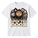 Fisheye photo-style graphic of five cats, several in hoodies, above the words OPEN THE DOOR.