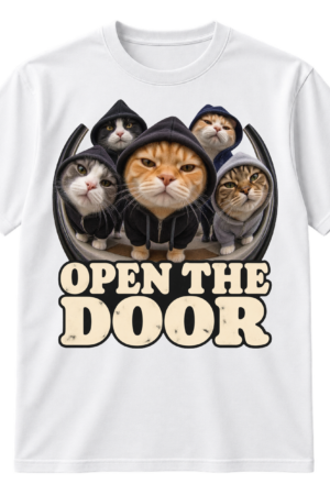 Fisheye photo-style graphic of five cats, several in hoodies, above the words OPEN THE DOOR.
