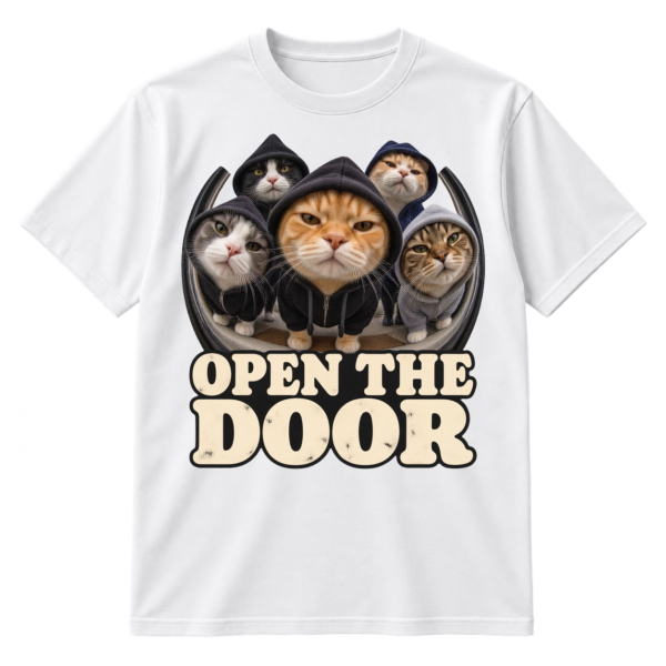 Fisheye photo-style graphic of five cats, several in hoodies, above the words OPEN THE DOOR.