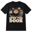 Fisheye photo-style graphic of five cats, several in hoodies, above the words OPEN THE DOOR.
