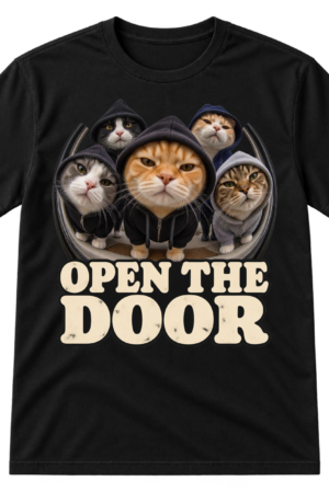 Fisheye photo-style graphic of five cats, several in hoodies, above the words OPEN THE DOOR.