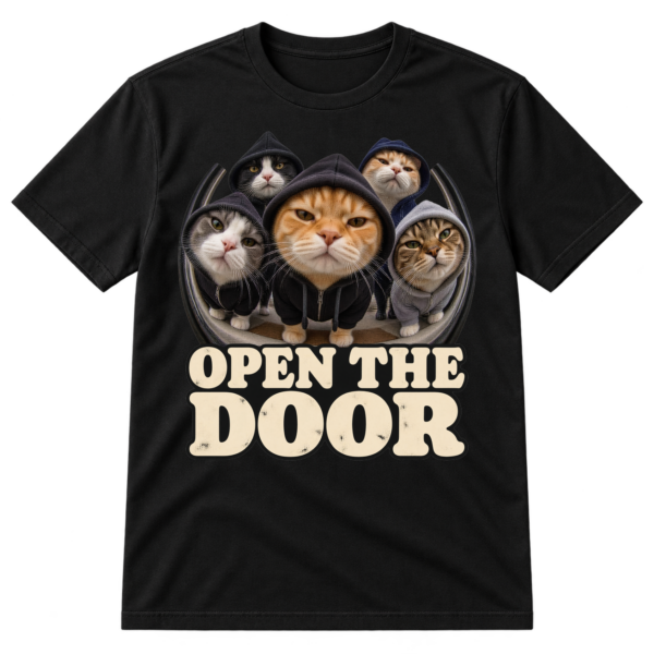 Fisheye photo-style graphic of five cats, several in hoodies, above the words OPEN THE DOOR.