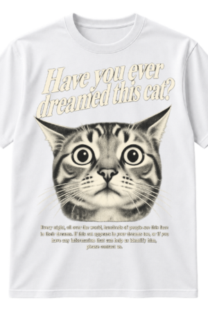 Vintage-style mystery poster graphic of a wide-eyed cat with the headline “Have you ever dreamed this cat?” and a small dream-identification notice.