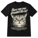 Vintage-style mystery poster graphic of a wide-eyed cat with the headline “Have you ever dreamed this cat?” and a small dream-identification notice.