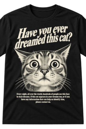 Vintage-style mystery poster graphic of a wide-eyed cat with the headline “Have you ever dreamed this cat?” and a small dream-identification notice.