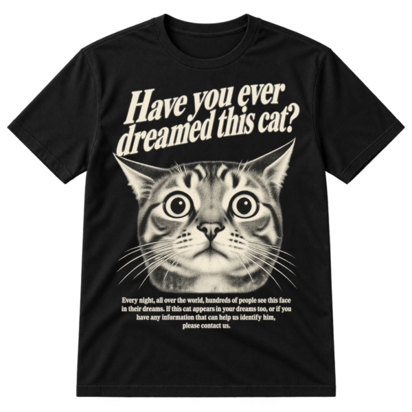 Vintage-style mystery poster graphic of a wide-eyed cat with the headline “Have you ever dreamed this cat?” and a small dream-identification notice.