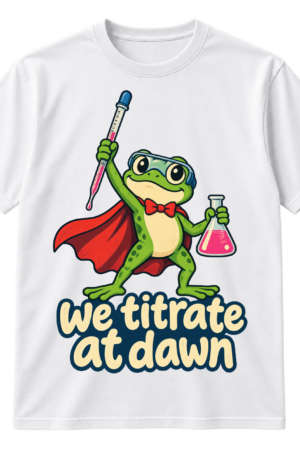 Cartoon superhero frog holding a pipette and flask above the words we titrate at dawn.
