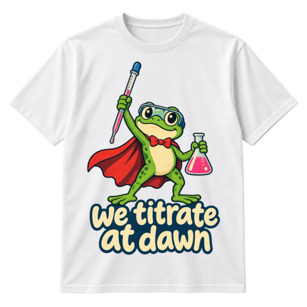 Cartoon superhero frog holding a pipette and flask above the words we titrate at dawn.