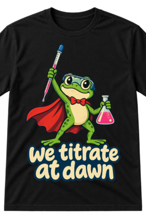 Cartoon superhero frog holding a pipette and flask above the words we titrate at dawn.