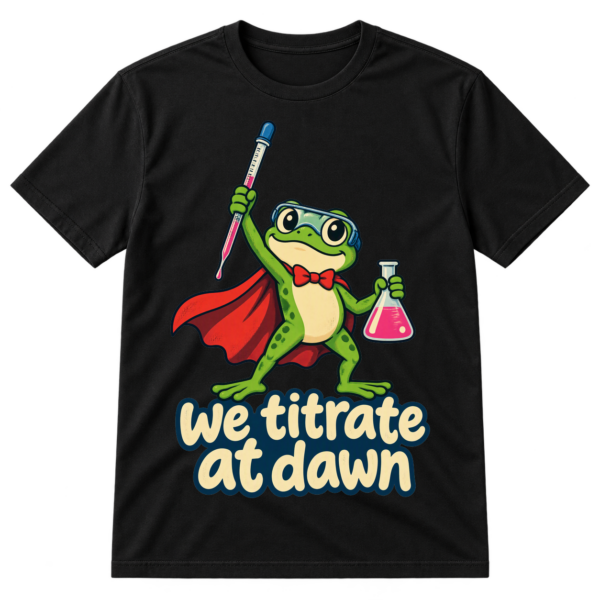 Cartoon superhero frog holding a pipette and flask above the words we titrate at dawn.