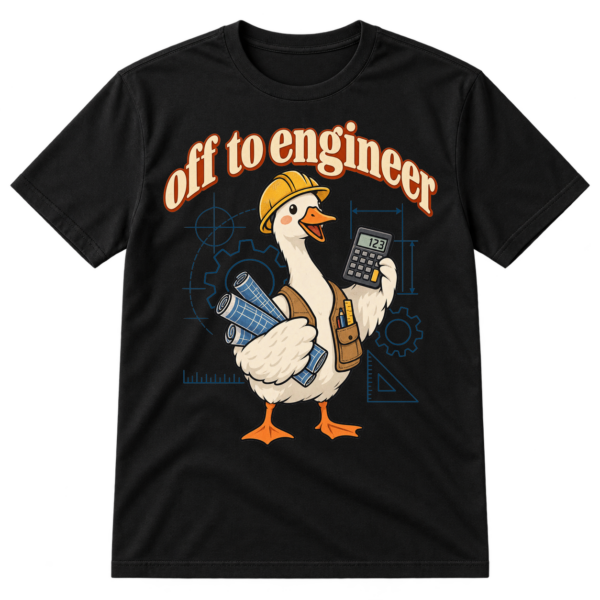 Off to engineer text above a cute goose in a hard hat holding blueprints and a calculator.