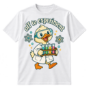 Off to experiment text above a cartoon duck scientist in goggles and a lab coat holding a test tube rack.