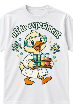 Off to experiment text above a cartoon duck scientist in goggles and a lab coat holding a test tube rack.
