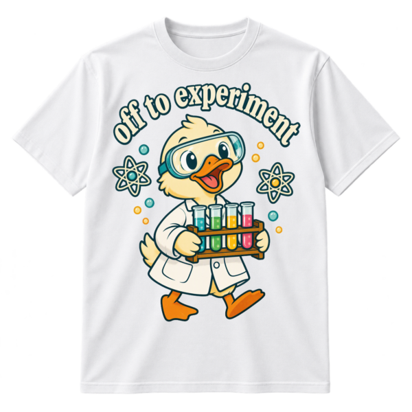 Off to experiment text above a cartoon duck scientist in goggles and a lab coat holding a test tube rack.