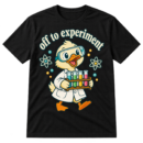 Off to experiment text above a cartoon duck scientist in goggles and a lab coat holding a test tube rack.