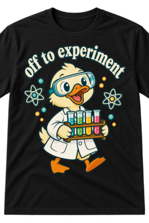 Off to experiment text above a cartoon duck scientist in goggles and a lab coat holding a test tube rack.