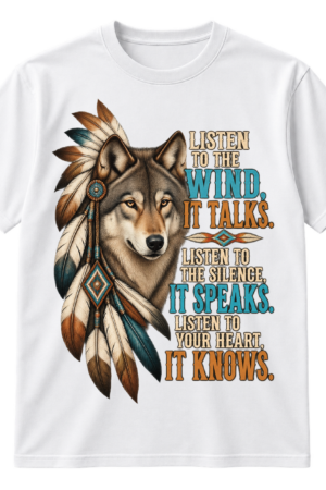 Vintage wolf illustration with feathers and the quote Listen to the wind, it talks. Listen to the silence, it speaks. Listen to your heart, it knows.