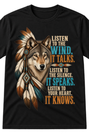 Vintage wolf illustration with feathers and the quote Listen to the wind, it talks. Listen to the silence, it speaks. Listen to your heart, it knows.