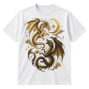 Vintage-style print of two winged dragons around a crescent moon, surrounded by stars and ornamental clouds.