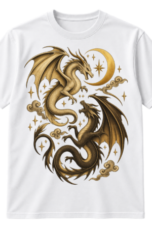 Vintage-style print of two winged dragons around a crescent moon, surrounded by stars and ornamental clouds.