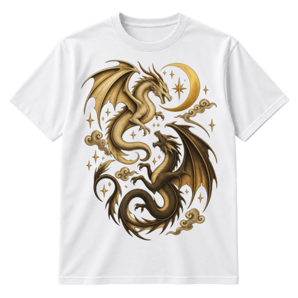 Vintage-style print of two winged dragons around a crescent moon, surrounded by stars and ornamental clouds.