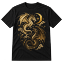 Vintage-style print of two winged dragons around a crescent moon, surrounded by stars and ornamental clouds.