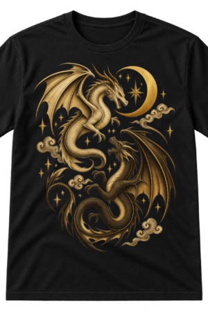 Vintage-style print of two winged dragons around a crescent moon, surrounded by stars and ornamental clouds.