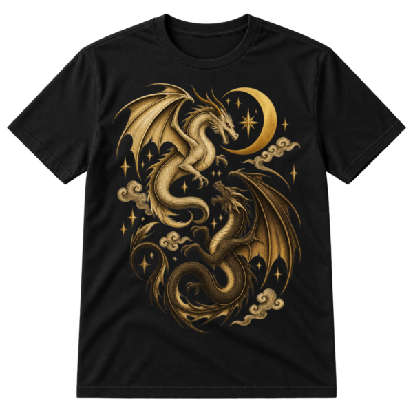 Vintage-style print of two winged dragons around a crescent moon, surrounded by stars and ornamental clouds.