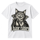 Vintage gothic vampire cat illustration with a cape and the text i have rabies.