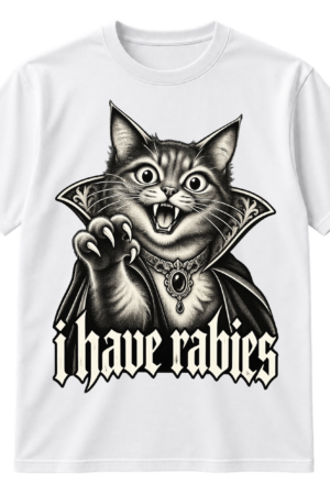 Vintage gothic vampire cat illustration with a cape and the text i have rabies.