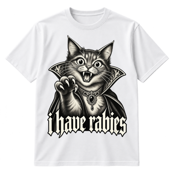 Vintage gothic vampire cat illustration with a cape and the text i have rabies.