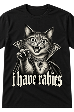 Vintage gothic vampire cat illustration with a cape and the text i have rabies.