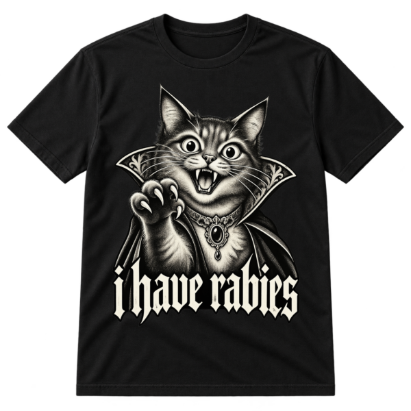 Vintage gothic vampire cat illustration with a cape and the text i have rabies.