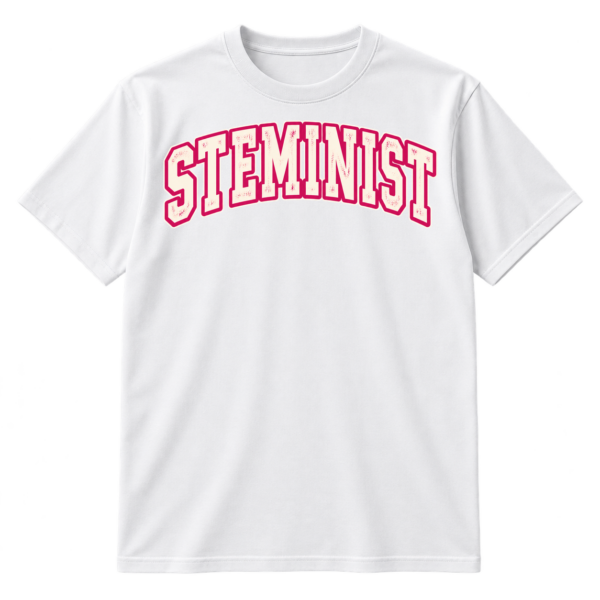 Distressed varsity-style typography reading STEMINIST.