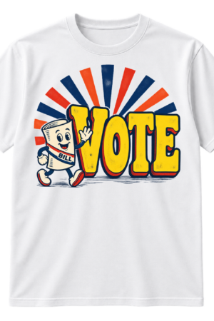 Vintage-style graphic with large distressed VOTE lettering, striped sunburst rays, and a smiling cartoon bill character wearing a BILL sash.