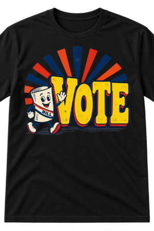 Vintage-style graphic with large distressed VOTE lettering, striped sunburst rays, and a smiling cartoon bill character wearing a BILL sash.