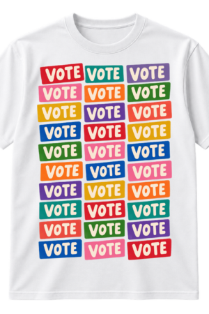 Colorful grid of thirty retro sticker shapes, each printed with the word VOTE.