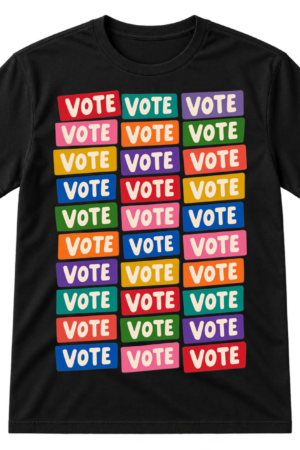 Colorful grid of thirty retro sticker shapes, each printed with the word VOTE.