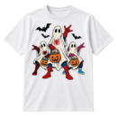 Three sheet ghosts in red-and-blue web-themed superhero costumes carry jack-o'-lantern candy buckets while bats fly overhead.