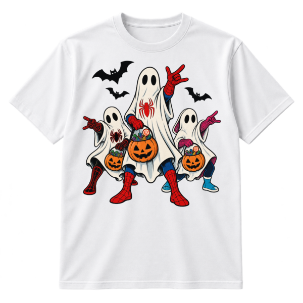 Three sheet ghosts in red-and-blue web-themed superhero costumes carry jack-o'-lantern candy buckets while bats fly overhead.