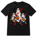 Three sheet ghosts in red-and-blue web-themed superhero costumes carry jack-o'-lantern candy buckets while bats fly overhead.